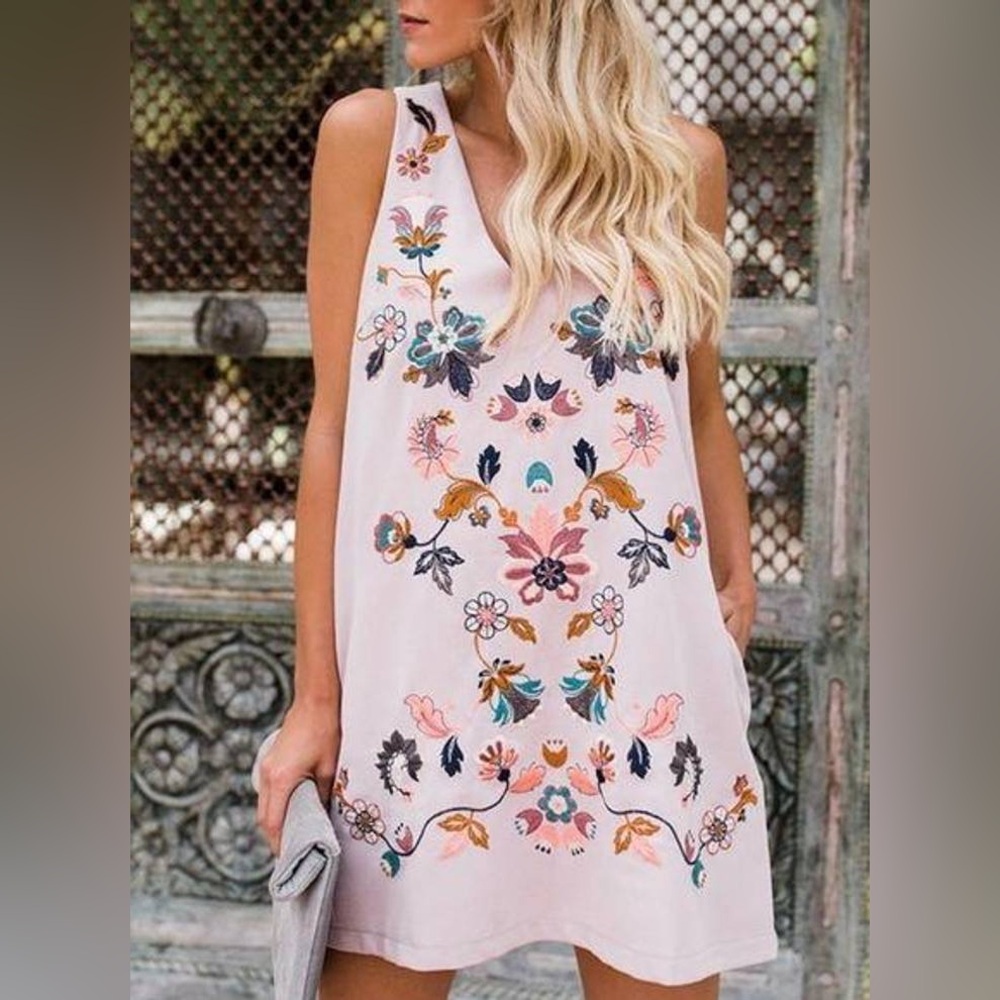 By Together Pink Embroidered Shift Dress Sleeveless Large
